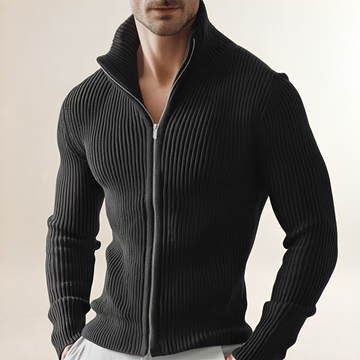 Suéter cárdigan de hombre con cremallera y cuello alto, ajuste delgado, textura acanalada