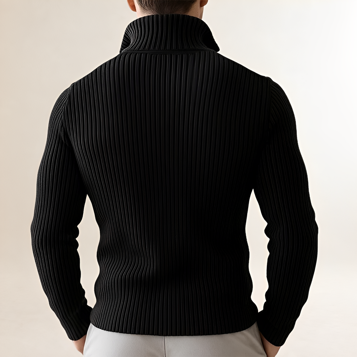 Suéter cárdigan de hombre con cremallera y cuello alto, ajuste delgado, textura acanalada