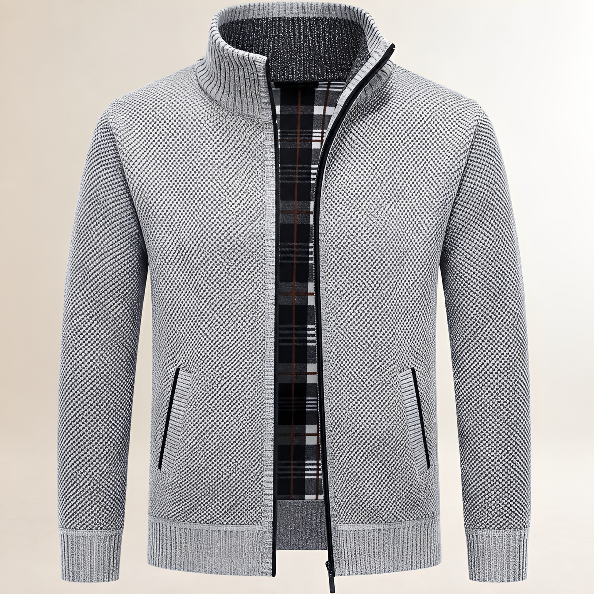 Suéter con cremallera para hombre, cuello alto y forro a cuadros, puños y dobladillo acanalados