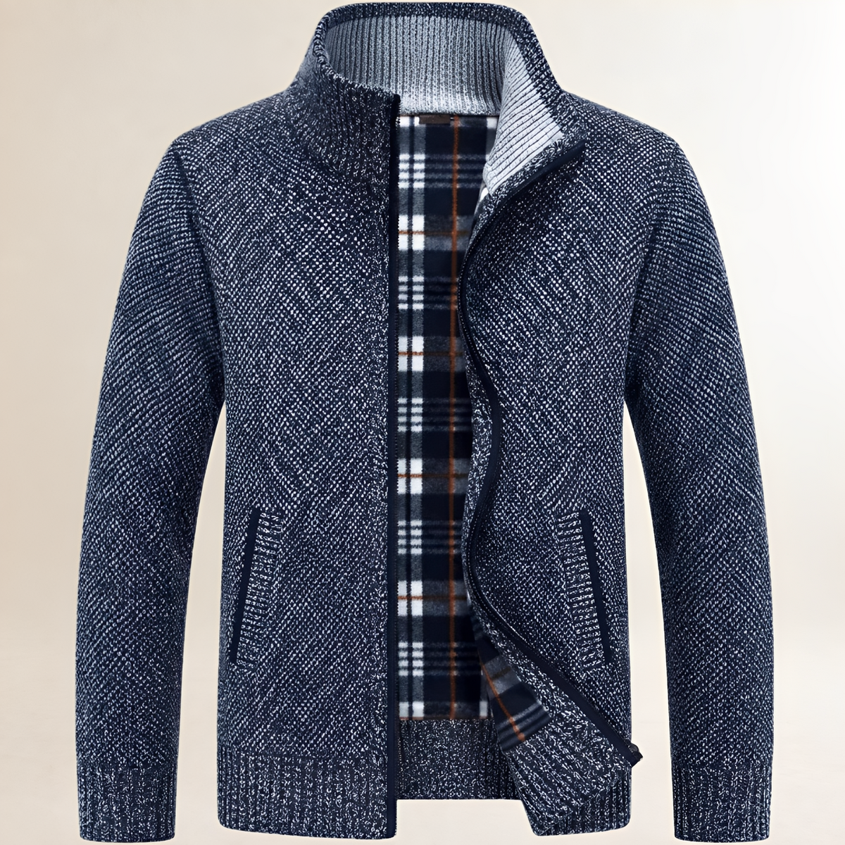 Suéter con cremallera para hombre, cuello alto y forro a cuadros, puños y dobladillo acanalados