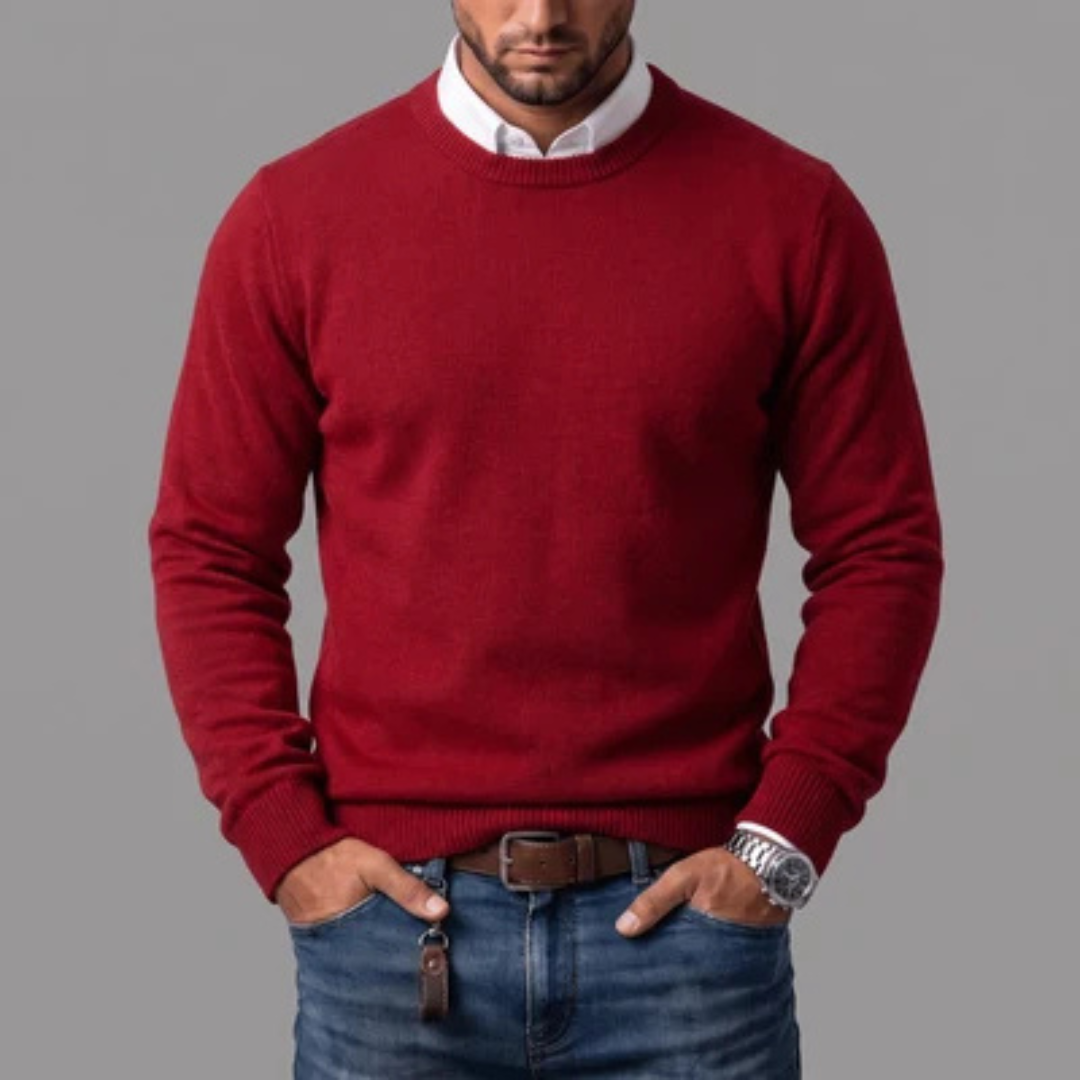 Suéter de cuello redondo para hombre - manga larga y ribetes en cuello, puños y dobladillo