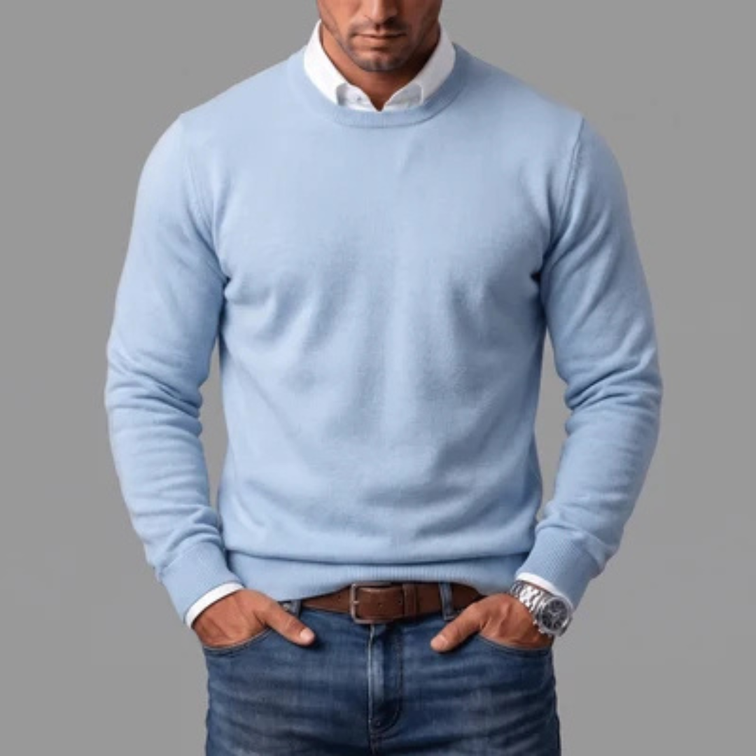Suéter de cuello redondo para hombre - manga larga y ribetes en cuello, puños y dobladillo
