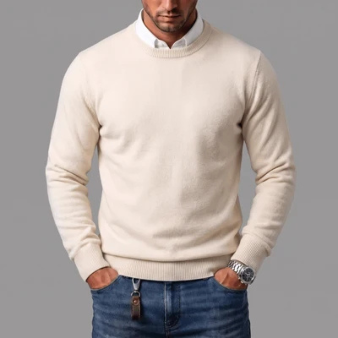Suéter de cuello redondo para hombre - manga larga y ribetes en cuello, puños y dobladillo