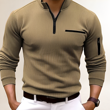 Suéter de hombre con cuello con cremallera y bolsillo en el pecho - diseño acanalado ajustado
