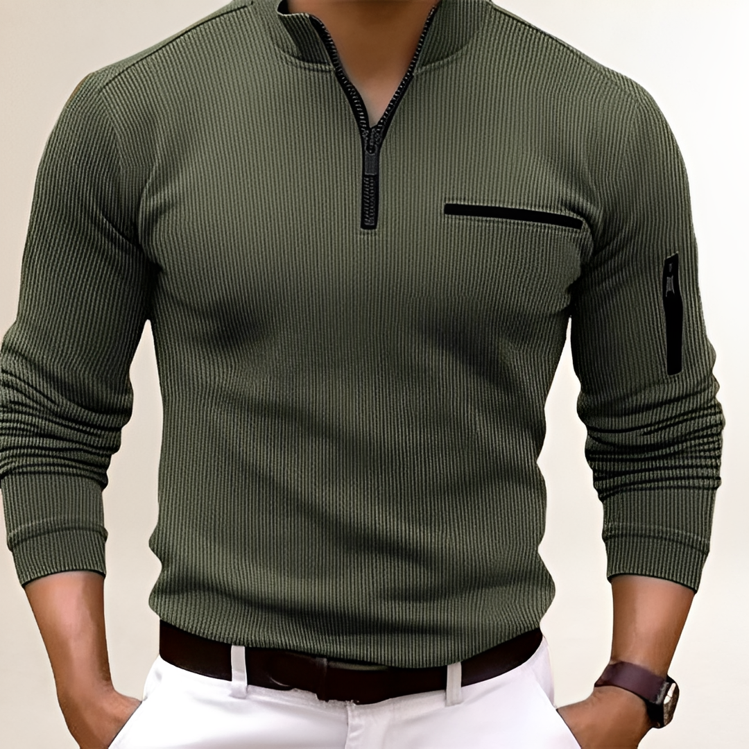 Suéter de hombre con cuello con cremallera y bolsillo en el pecho - diseño acanalado ajustado