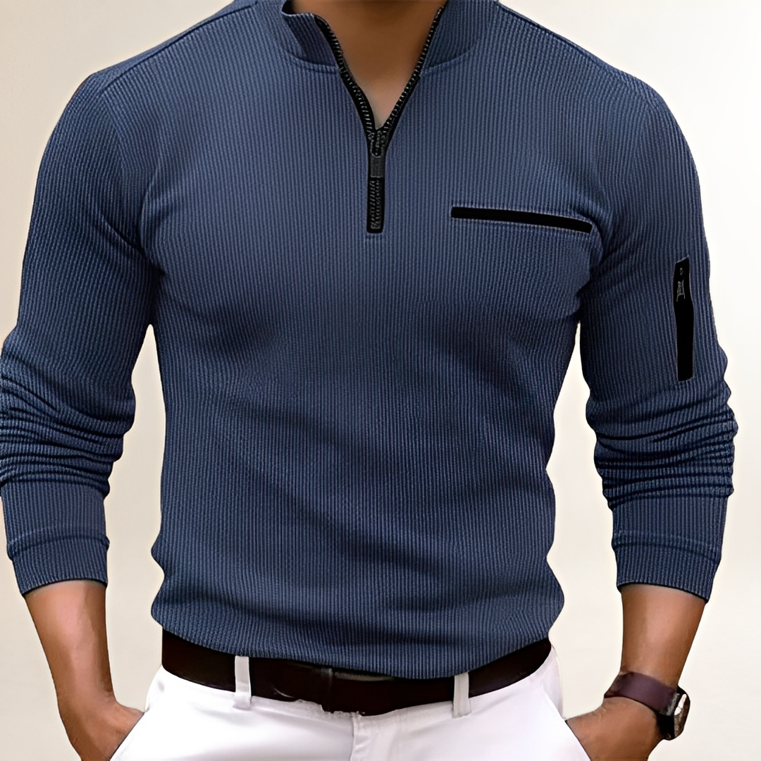 Suéter de hombre con cuello con cremallera y bolsillo en el pecho - diseño acanalado ajustado