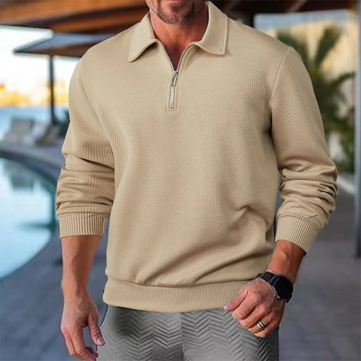 Suéter de hombre con medio cierre y cuello con botones, ajuste relajado y patrón geométrico