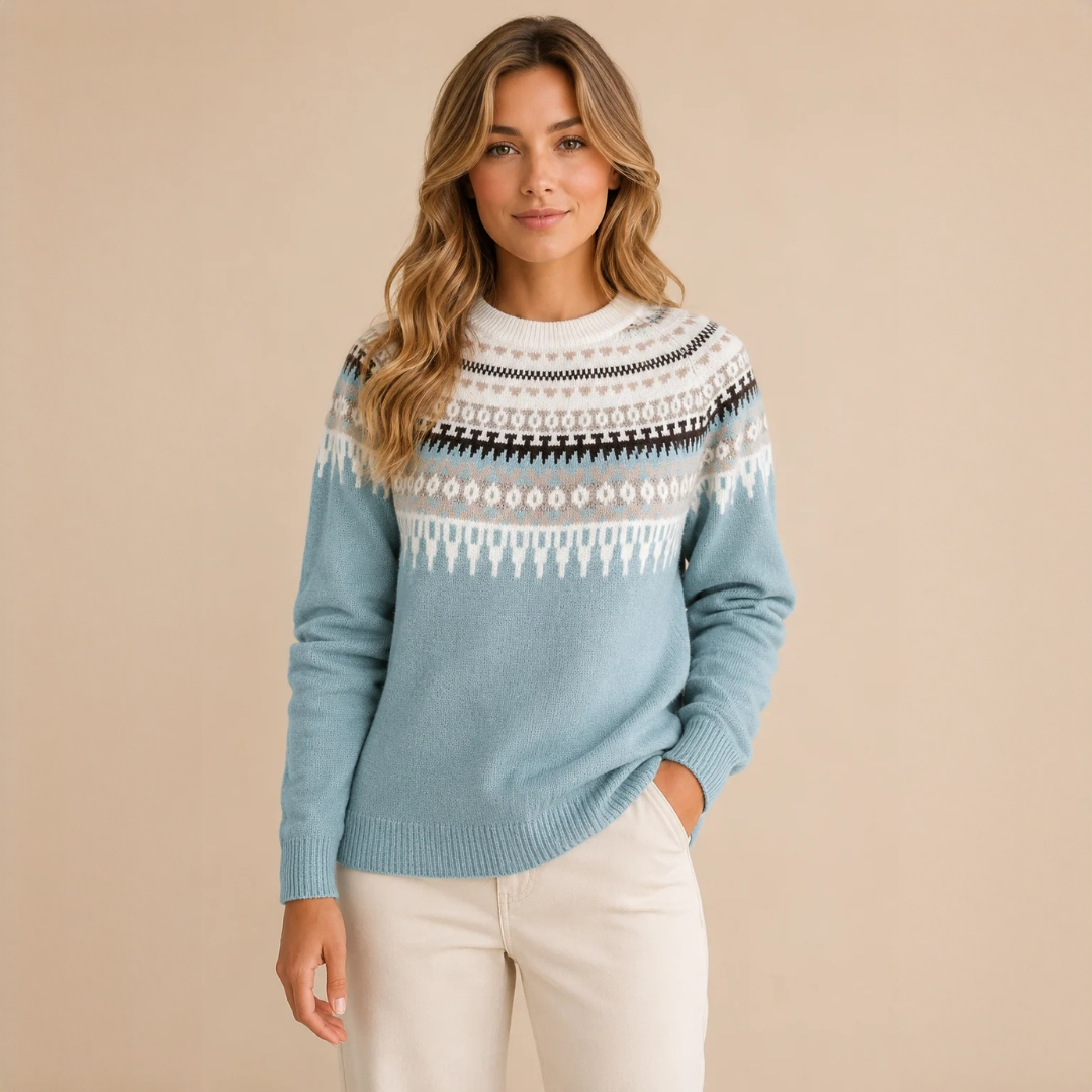 Suéter de mujer con cuello alto y patrón decorativo corte relajado