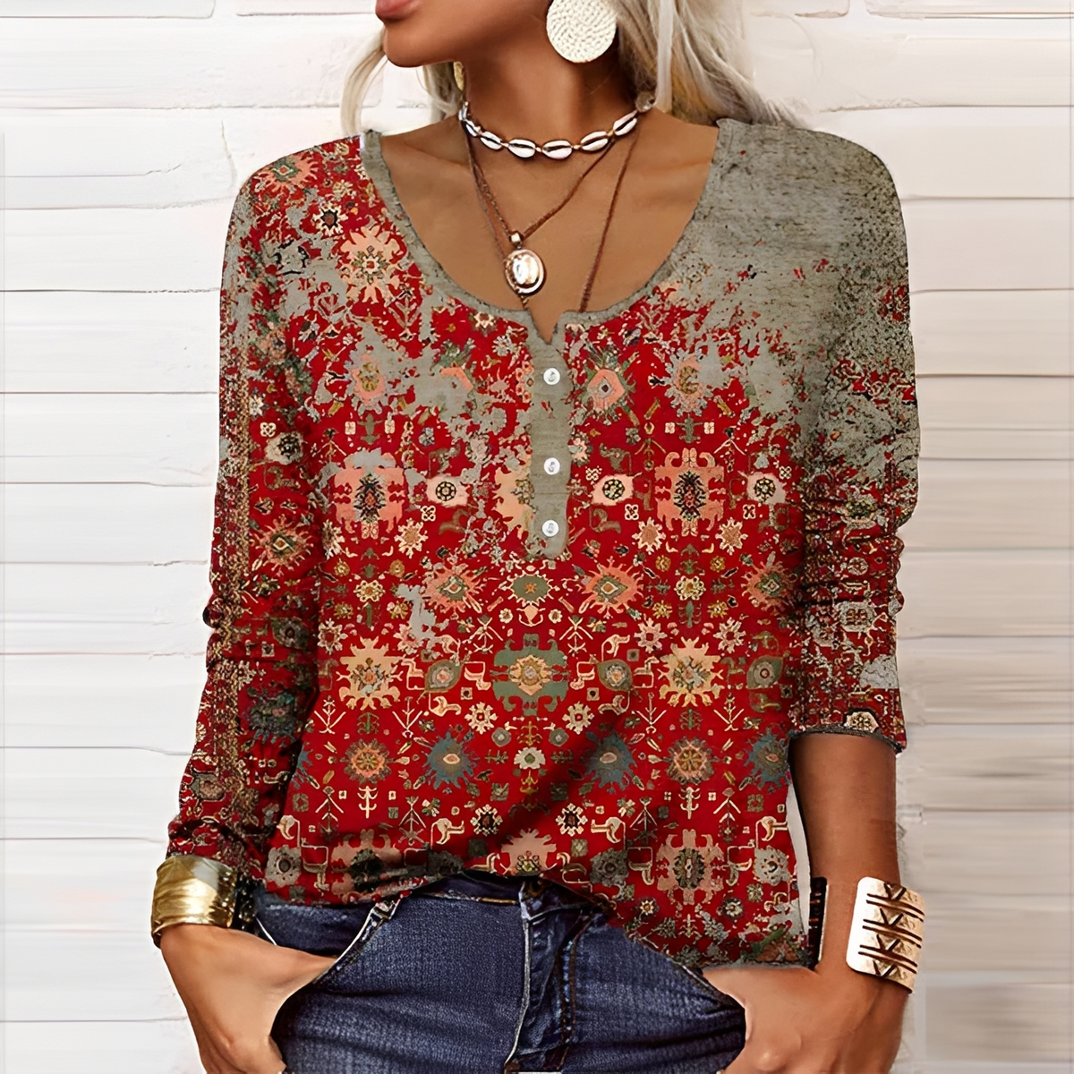 Suéter de mujer con cuello henley de manga larga y estampado floral