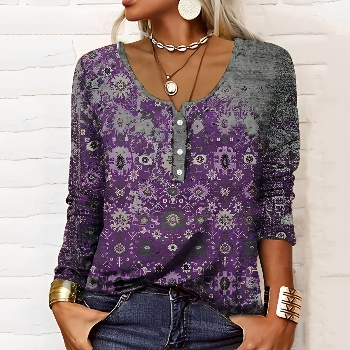 Suéter de mujer con cuello henley de manga larga y estampado floral