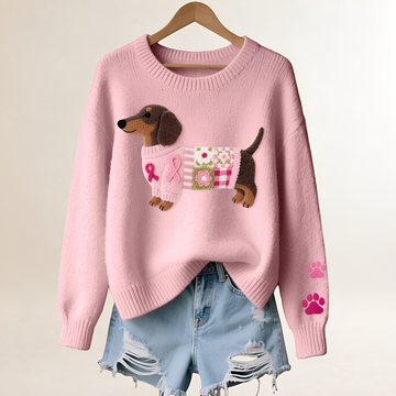 Suéter de mujer con diseño de perro salchicha patchwork cuello en V corte relajado