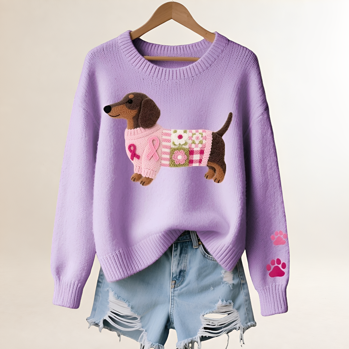 Suéter de mujer con diseño de perro salchicha patchwork cuello en V corte relajado
