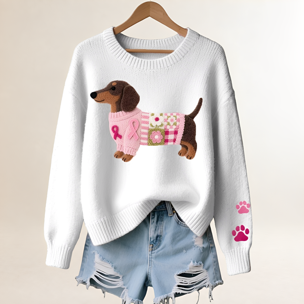 Suéter de mujer con diseño de perro salchicha patchwork cuello en V corte relajado