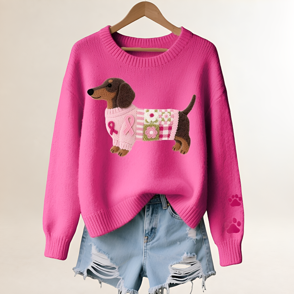 Suéter de mujer con diseño de perro salchicha patchwork cuello en V corte relajado