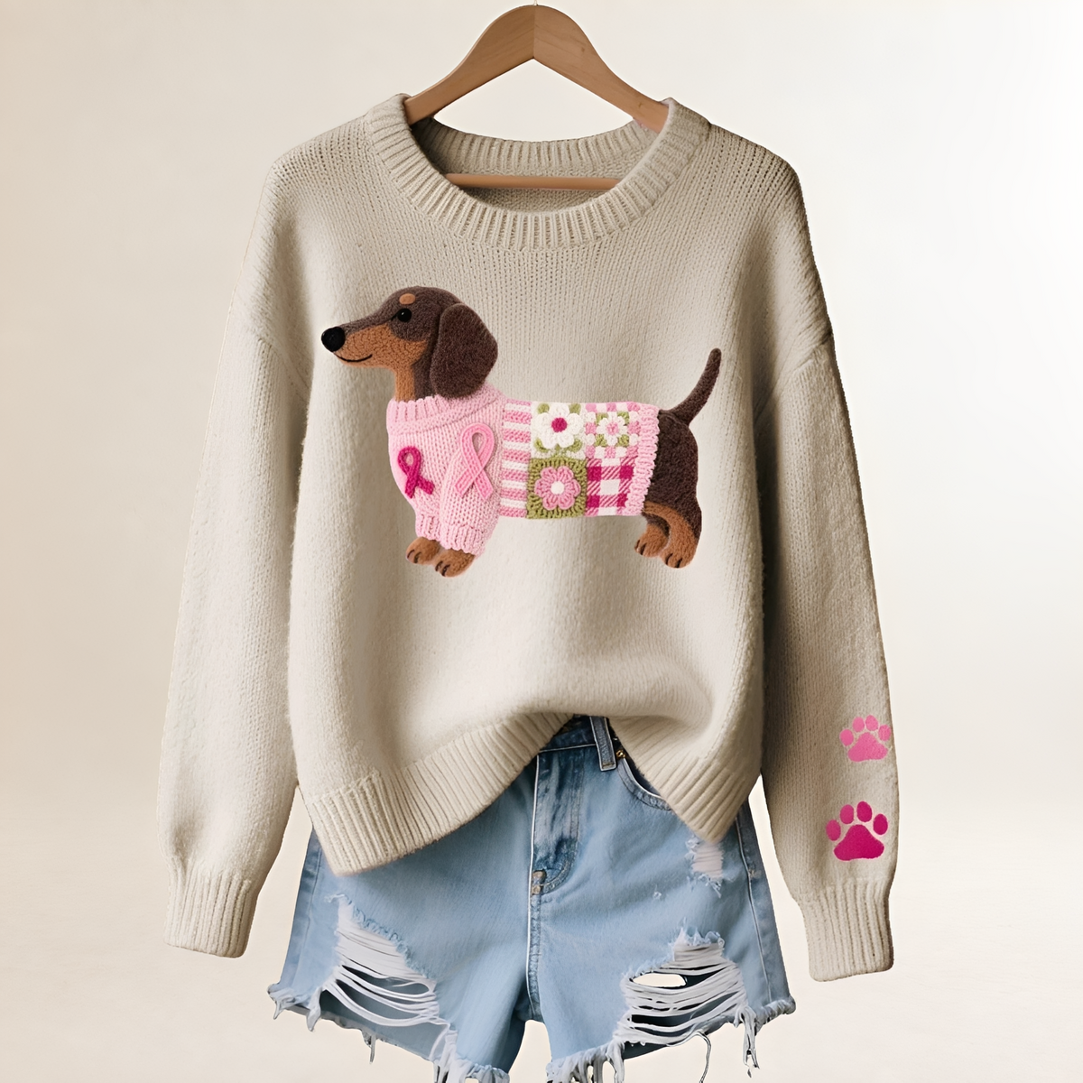 Suéter de mujer con diseño de perro salchicha patchwork cuello en V corte relajado