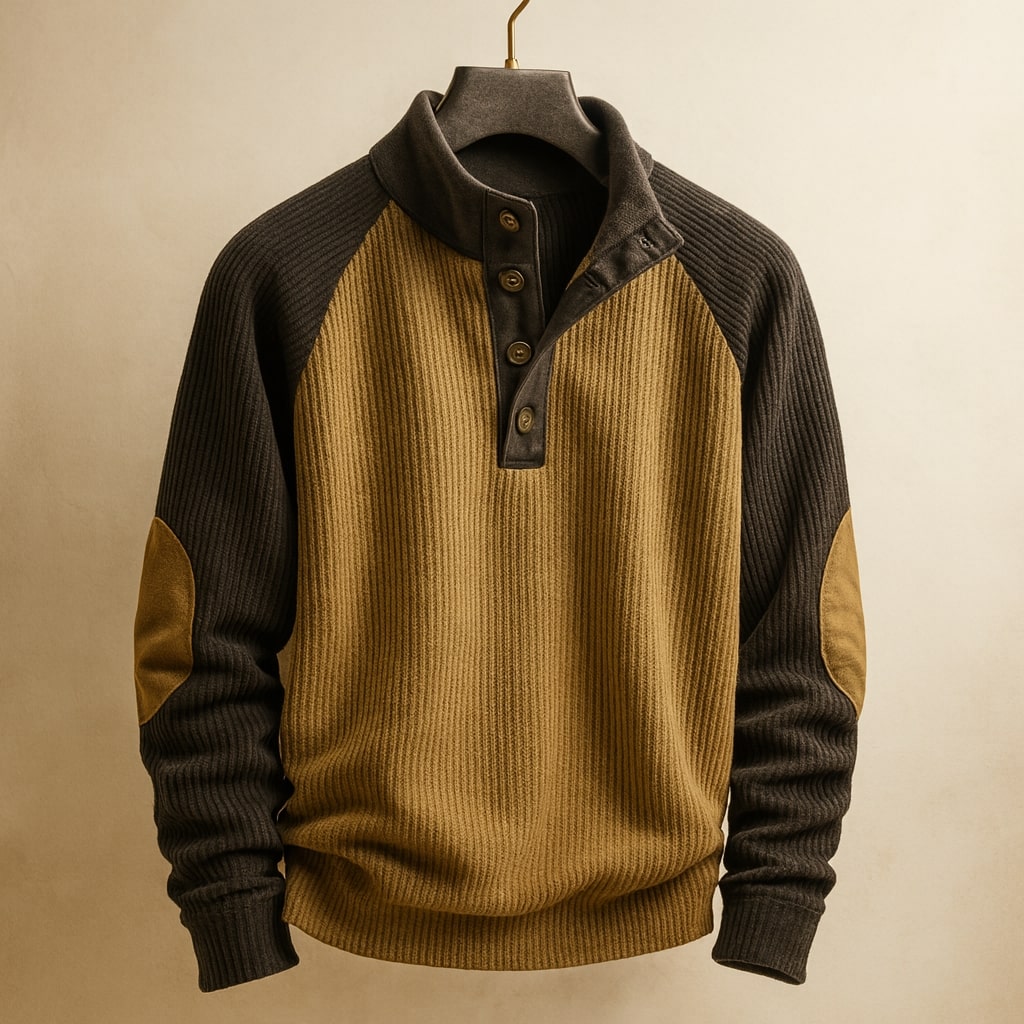 Suéter masculino con botonera y cuello alto, mangas raglán y parches en codos