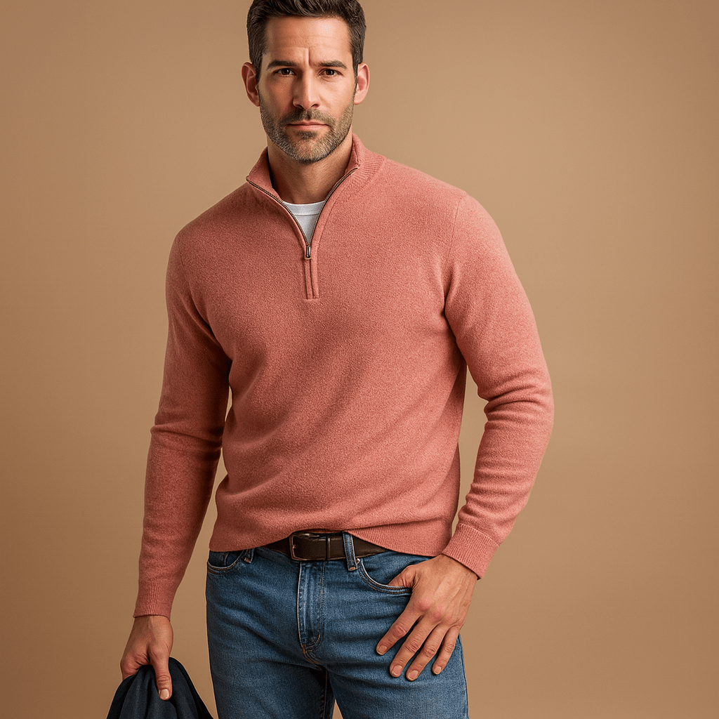 Suéter masculino con media cremallera y cuello alto corto - corte recto para capas