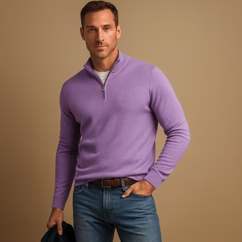 Suéter masculino con media cremallera y cuello alto corto - corte recto para capas