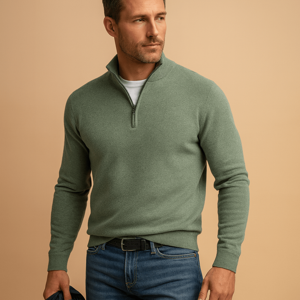 Suéter masculino con media cremallera y cuello alto corto - corte recto para capas
