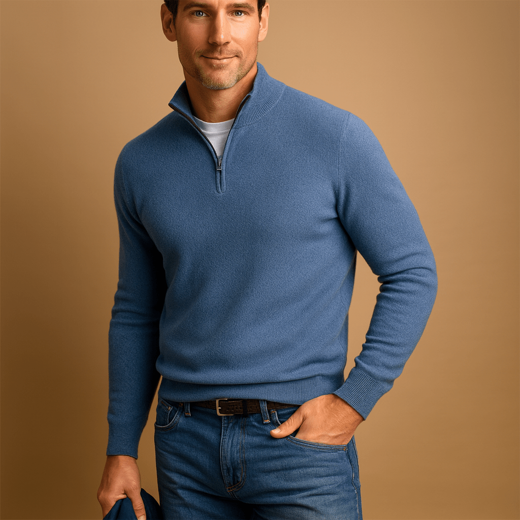 Suéter masculino con media cremallera y cuello alto corto - corte recto para capas