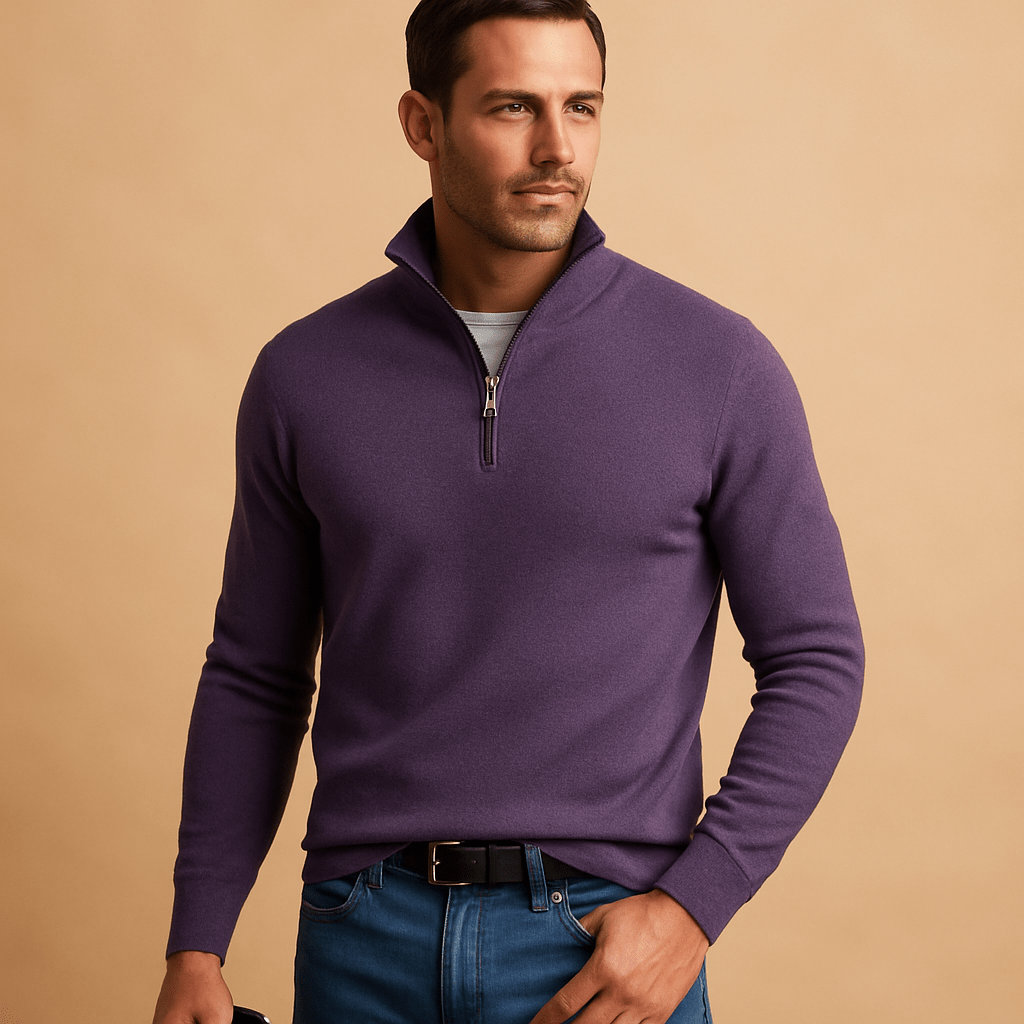 Suéter masculino con media cremallera y cuello alto corto - corte recto para capas