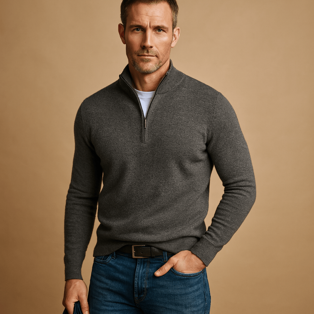Suéter masculino con media cremallera y cuello alto corto - corte recto para capas