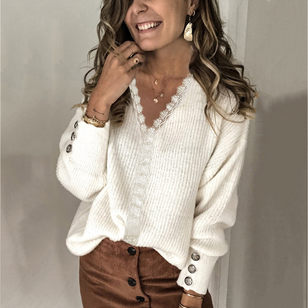 Suéter Mujer con escote en V y panel central de encaje - manga larga con puños y botones, corte relajado