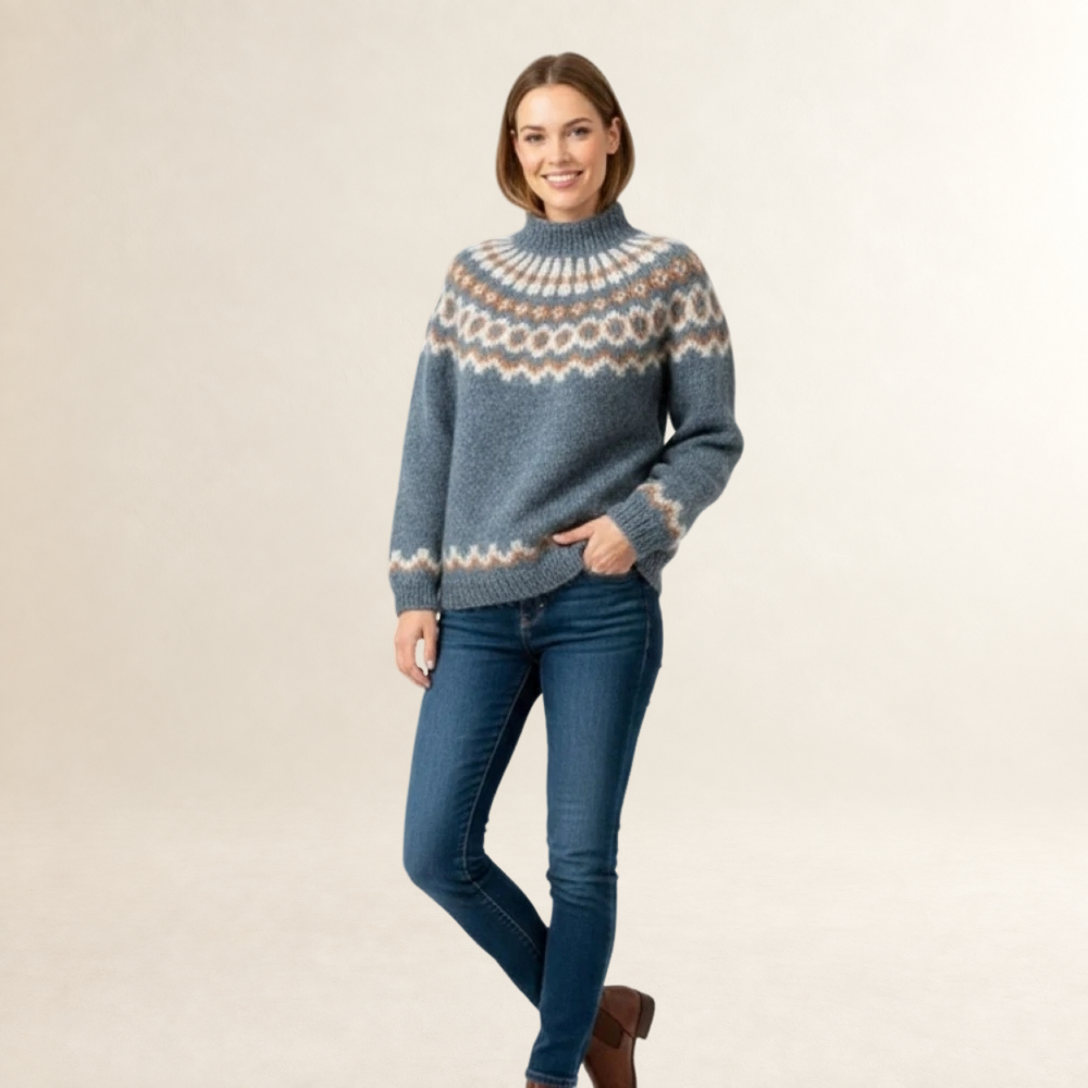 Suéter mujer - patrón nórdico, cuello alto, corte relajado