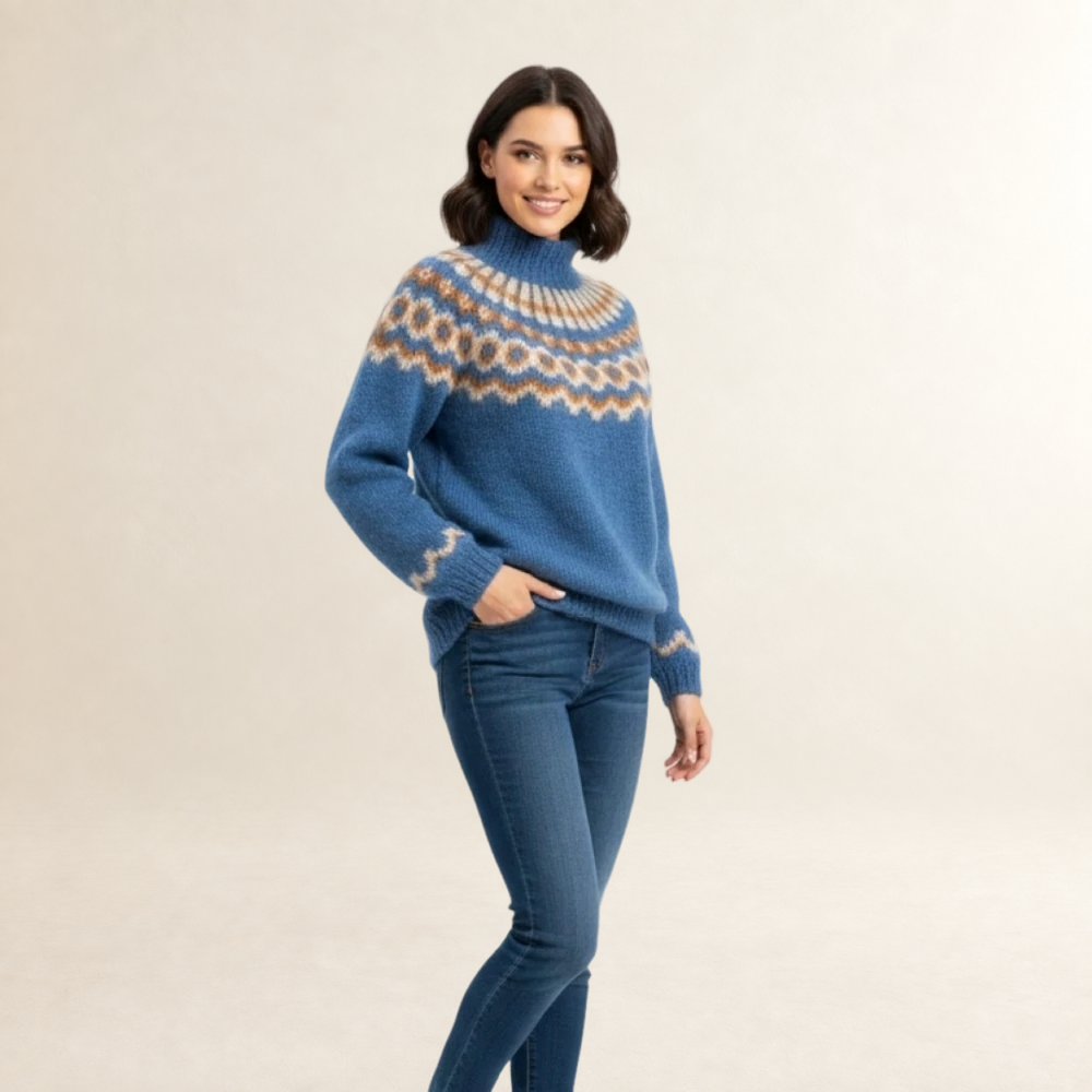 Suéter mujer - patrón nórdico, cuello alto, corte relajado
