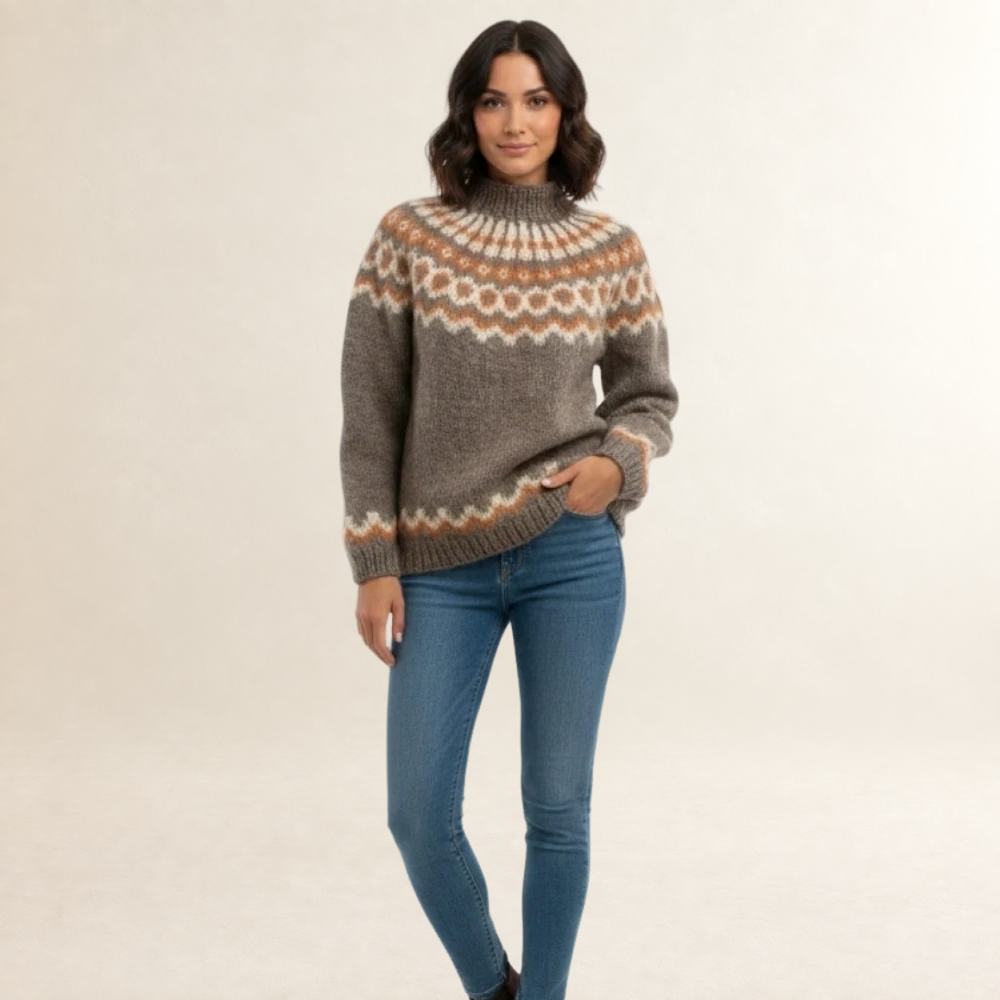Suéter mujer - patrón nórdico, cuello alto, corte relajado