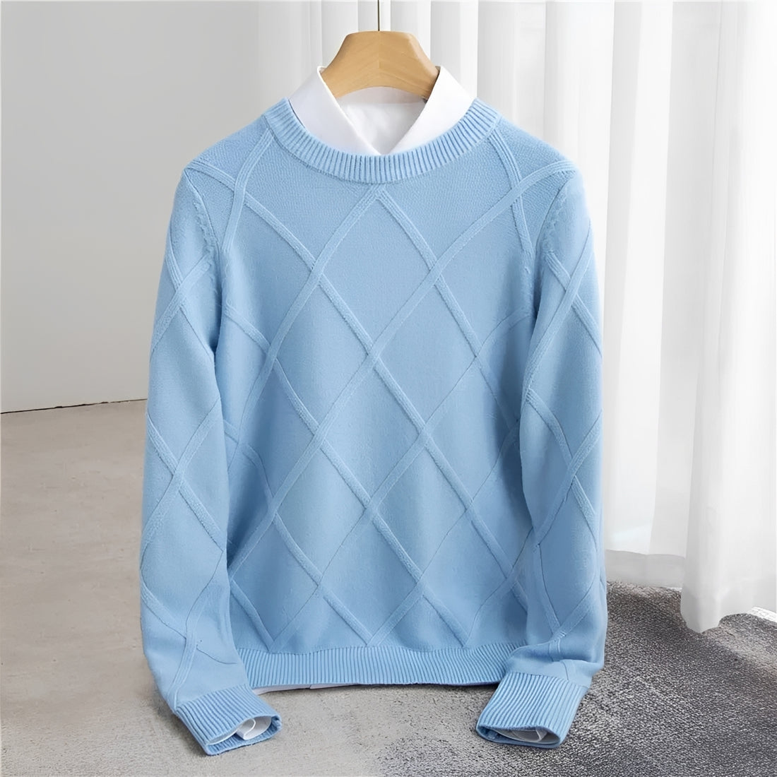 Suéter para hombre con cuello en O, patrón argyle, puños acanalados y ajuste regular