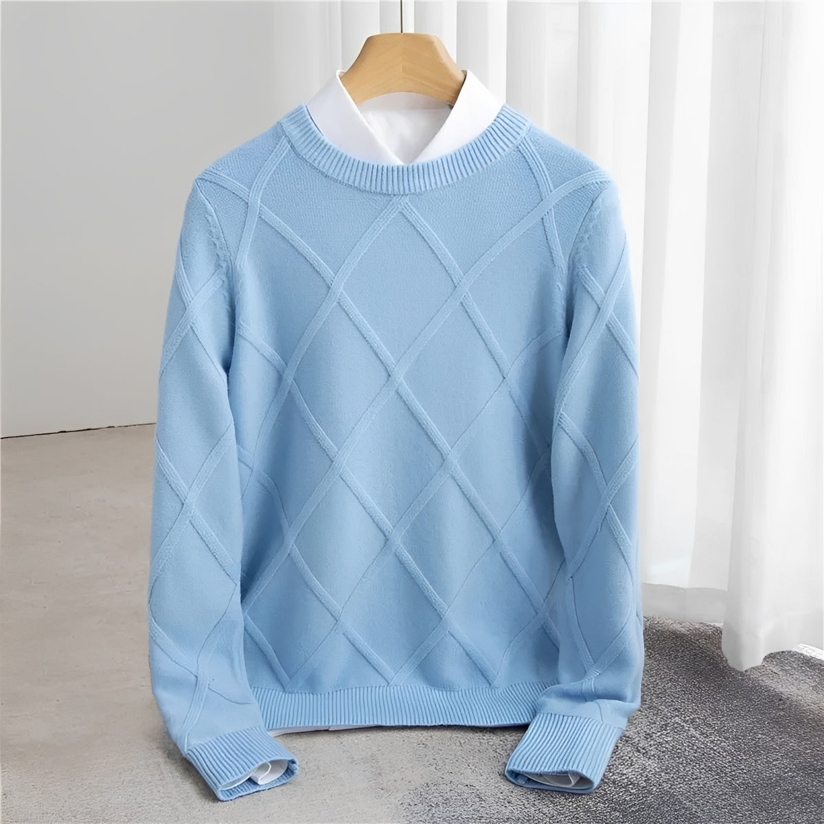 Suéter para hombre con cuello en O, patrón argyle, puños acanalados y ajuste regular