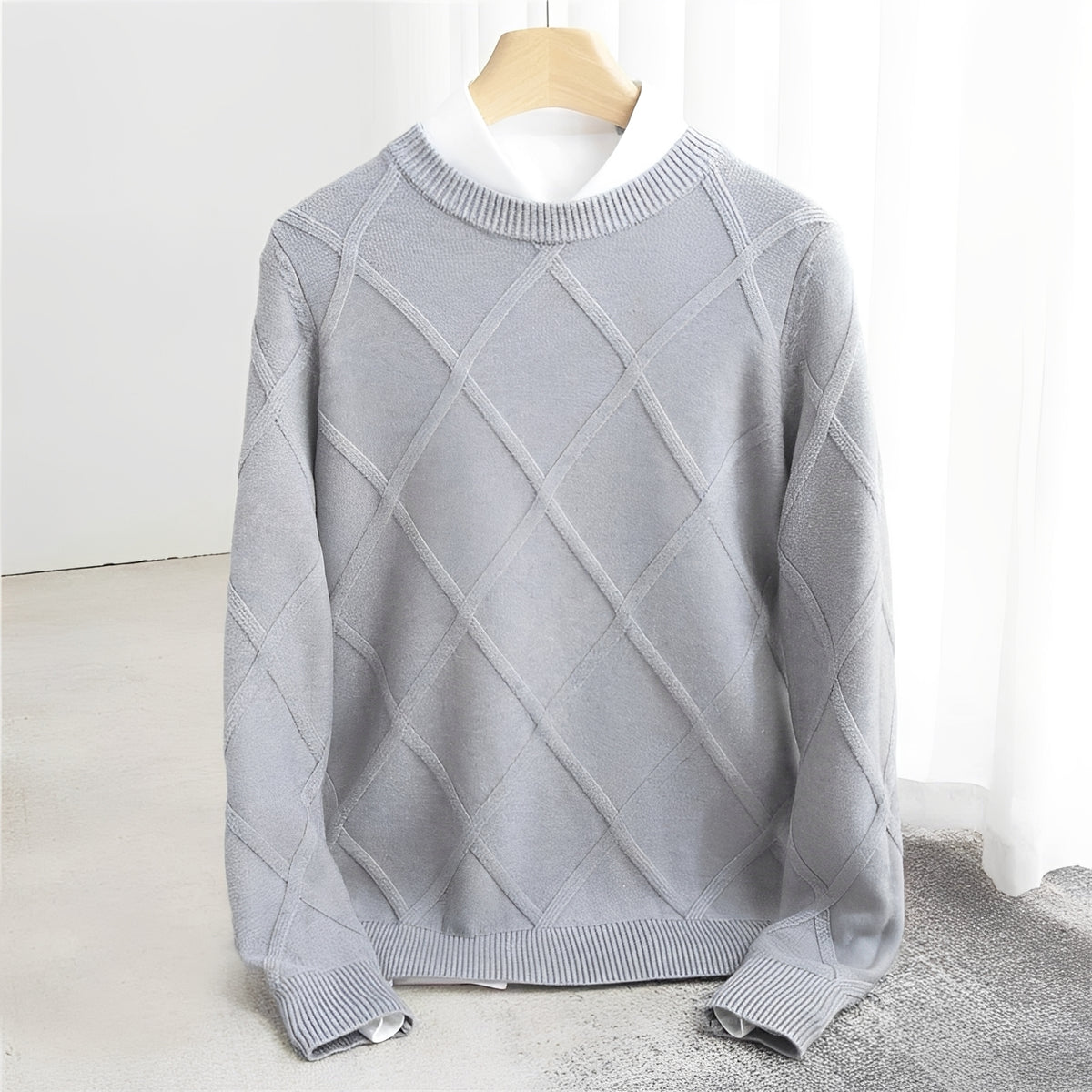 Suéter para hombre con cuello en O, patrón argyle, puños acanalados y ajuste regular