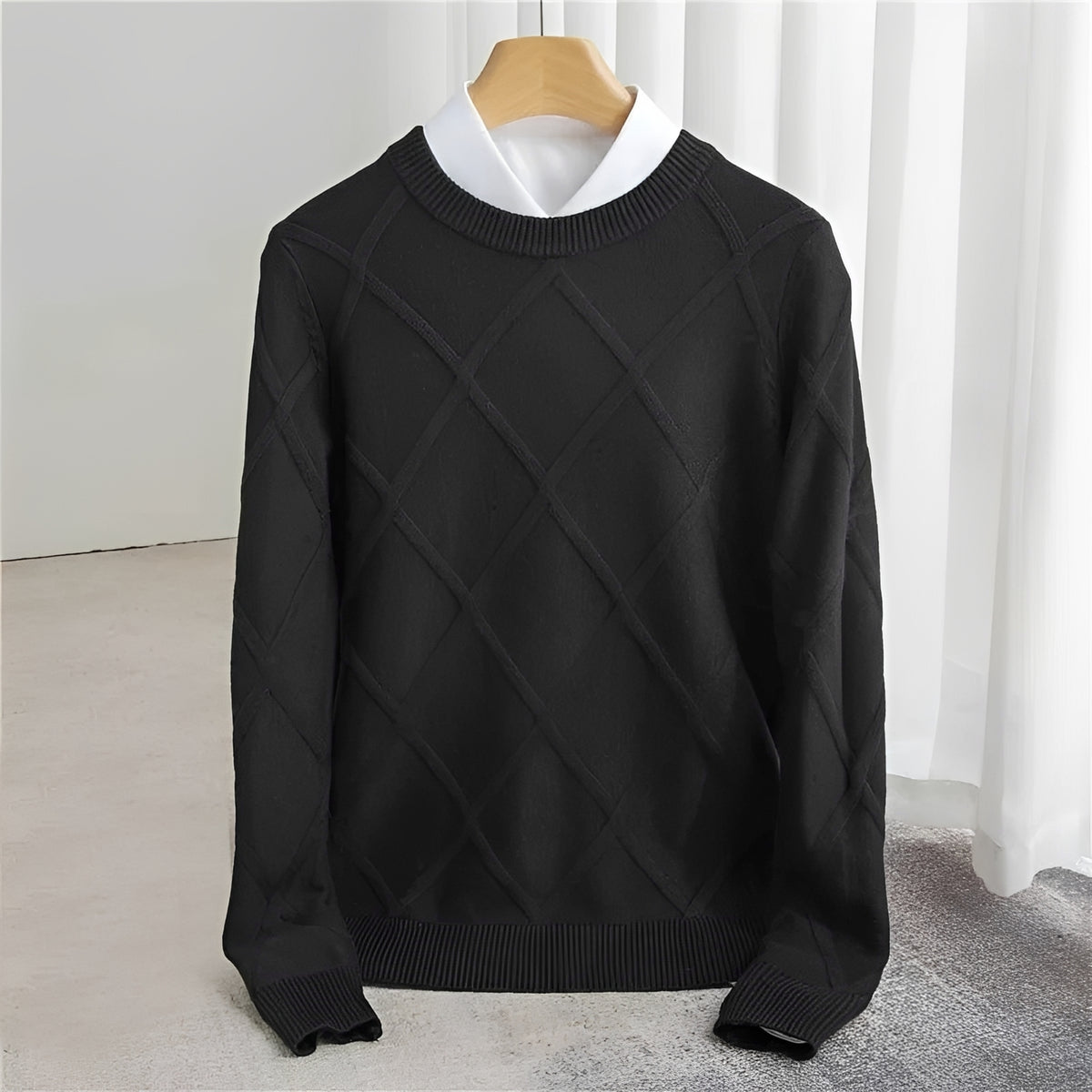 Suéter para hombre con cuello en O, patrón argyle, puños acanalados y ajuste regular