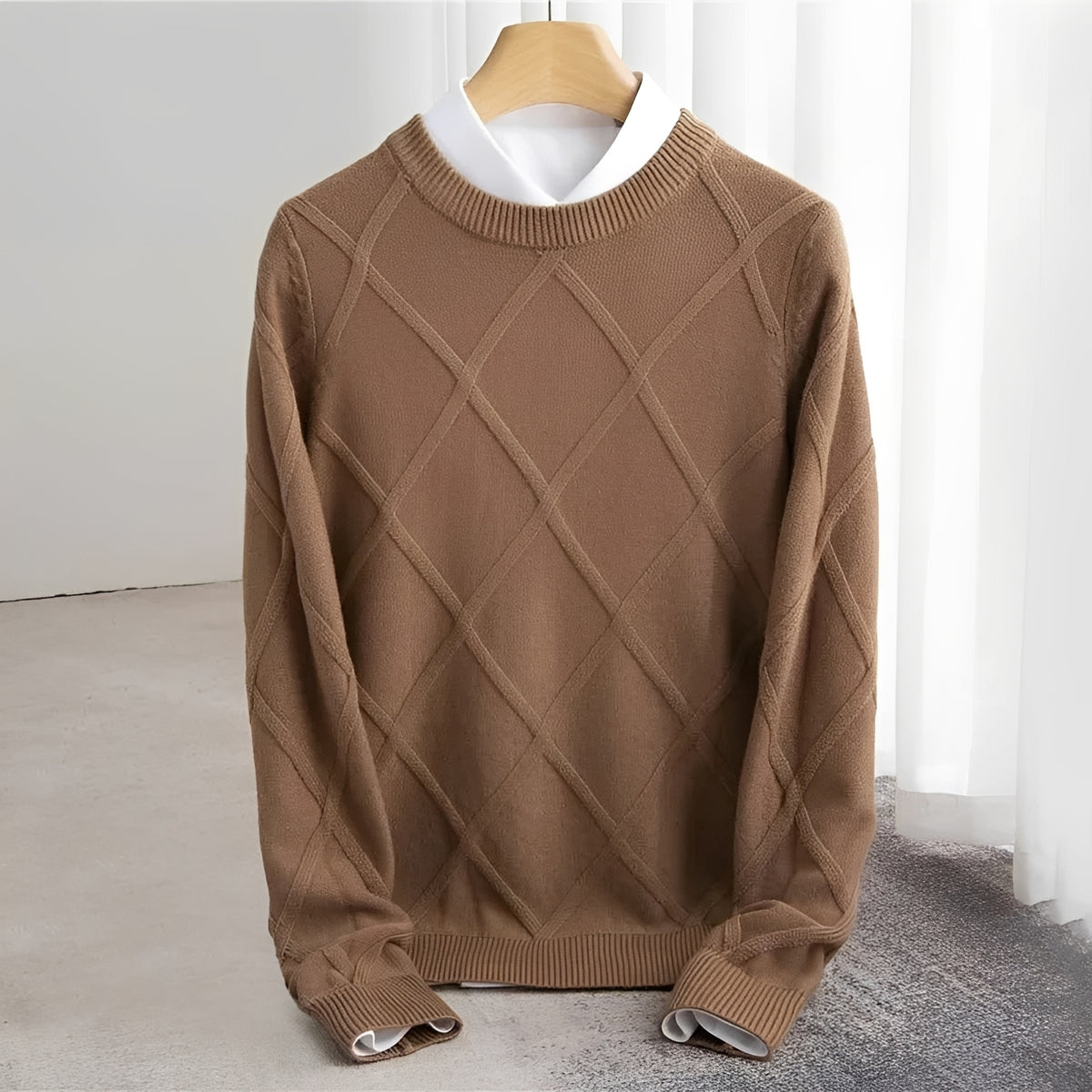 Suéter para hombre con cuello en O, patrón argyle, puños acanalados y ajuste regular