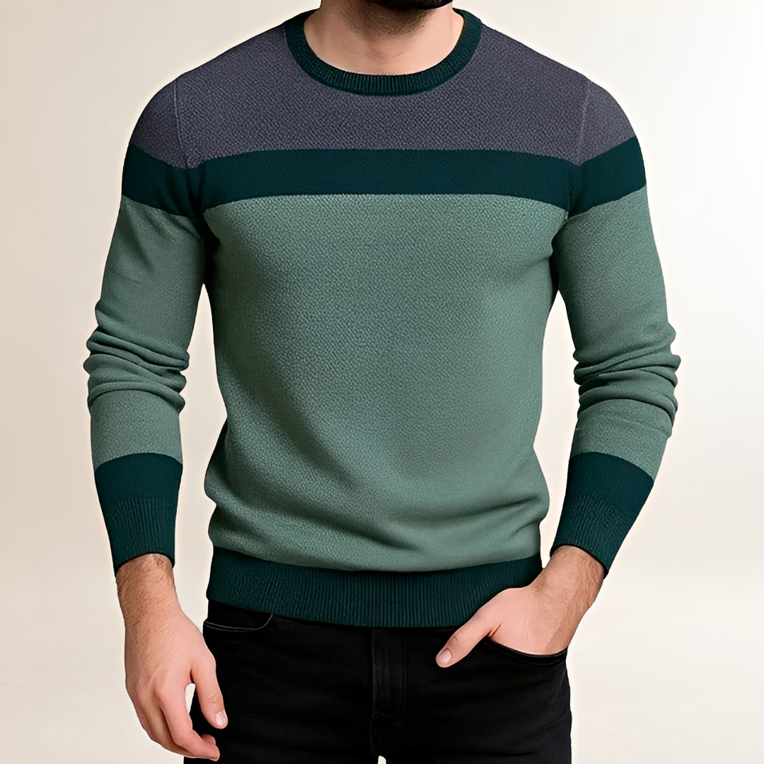 Suéter para hombre con cuello redondo y diseño en bloques de color ajuste ajustado