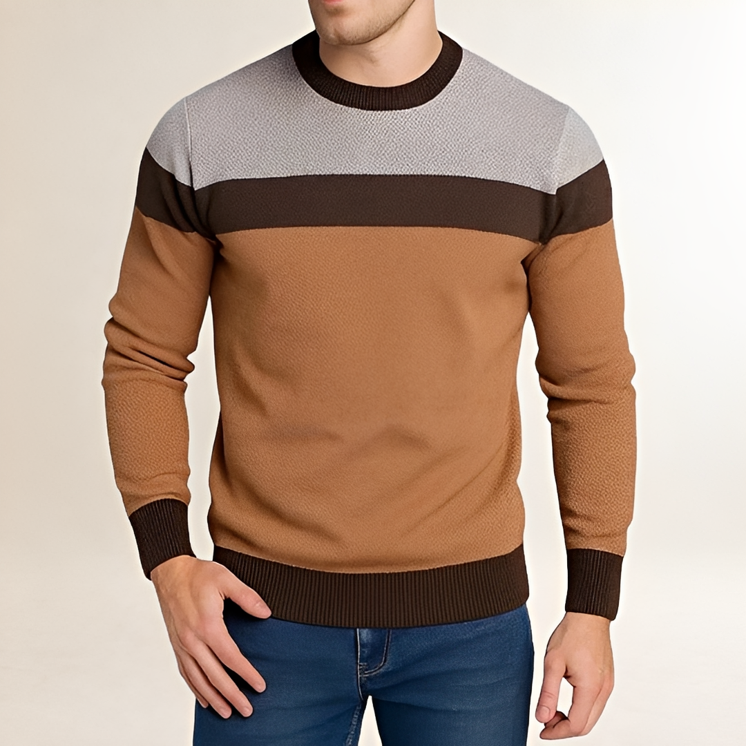 Suéter para hombre con cuello redondo y diseño en bloques de color ajuste ajustado