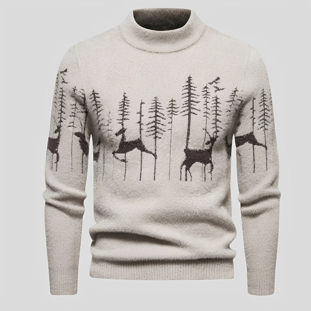 Suéter para hombre con diseño navideño de ciervo y bosque, corte regular