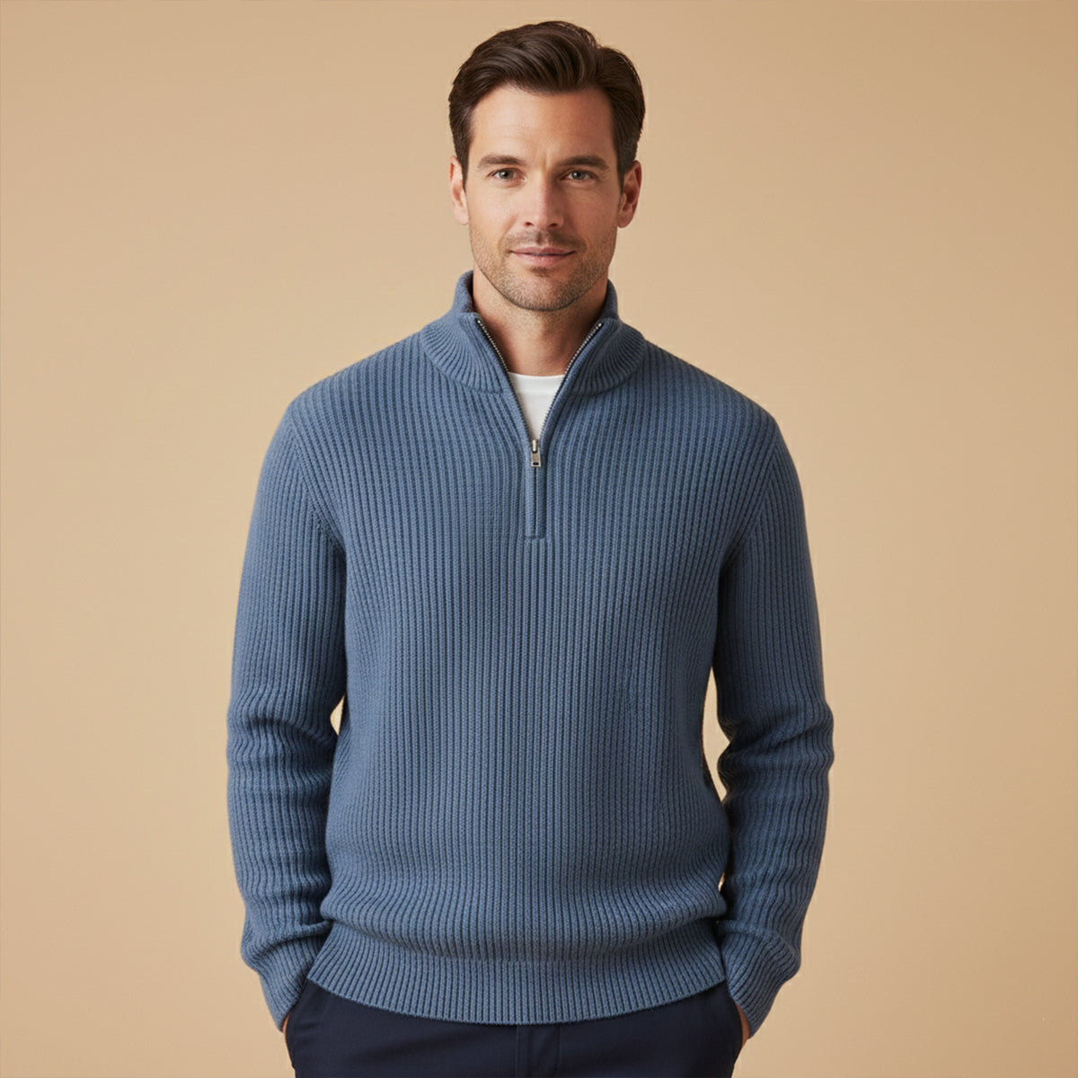 Suéter para hombre con media cremallera textura acanalada ajuste relajado