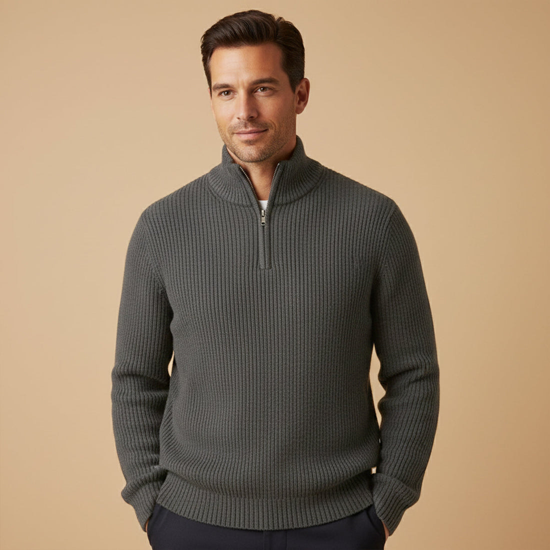Suéter para hombre con media cremallera textura acanalada ajuste relajado
