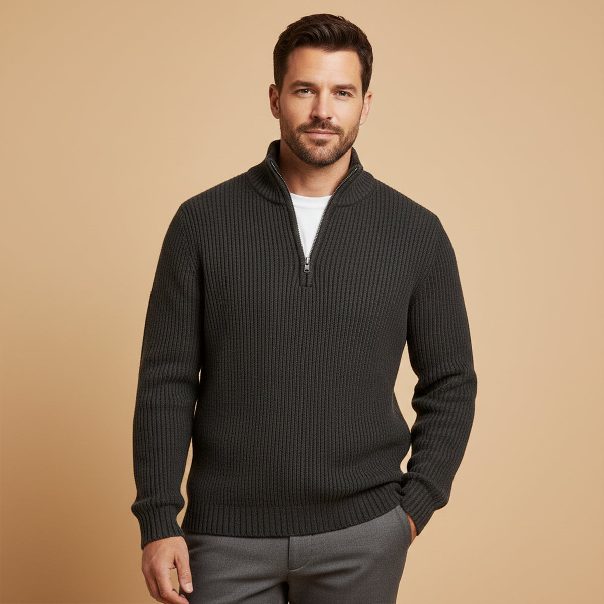 Suéter para hombre con media cremallera textura acanalada ajuste relajado