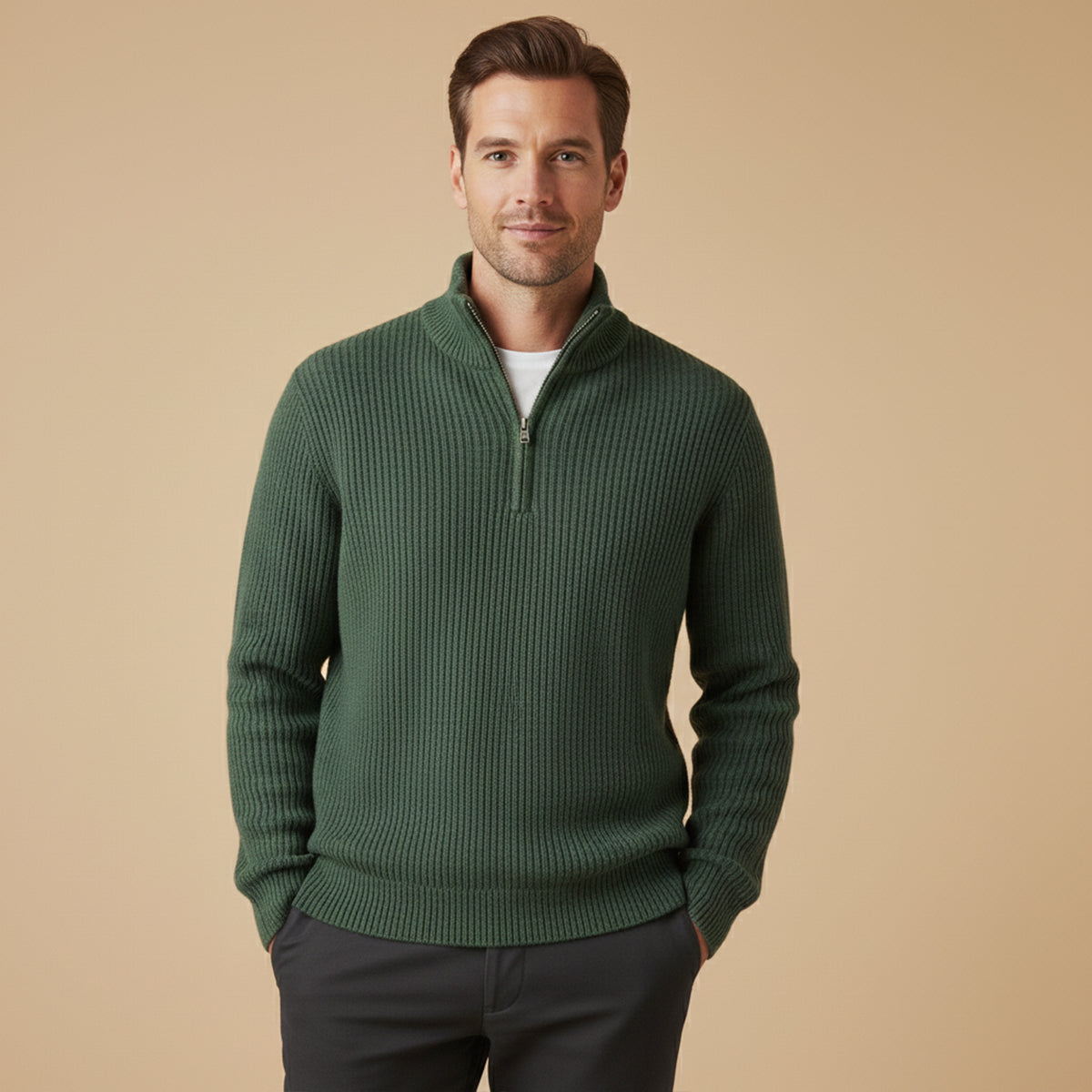 Suéter para hombre con media cremallera textura acanalada ajuste relajado