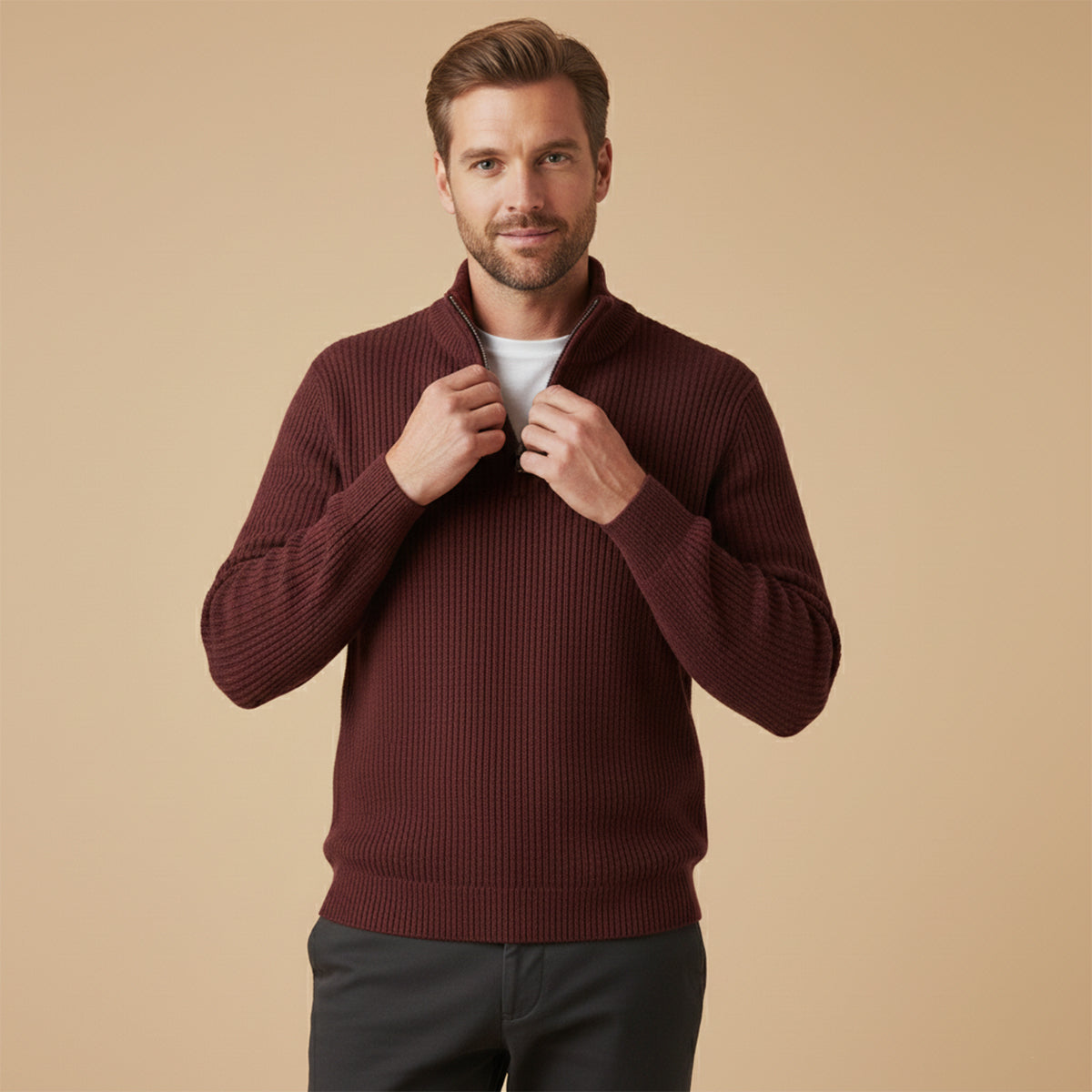 Suéter para hombre con media cremallera textura acanalada ajuste relajado