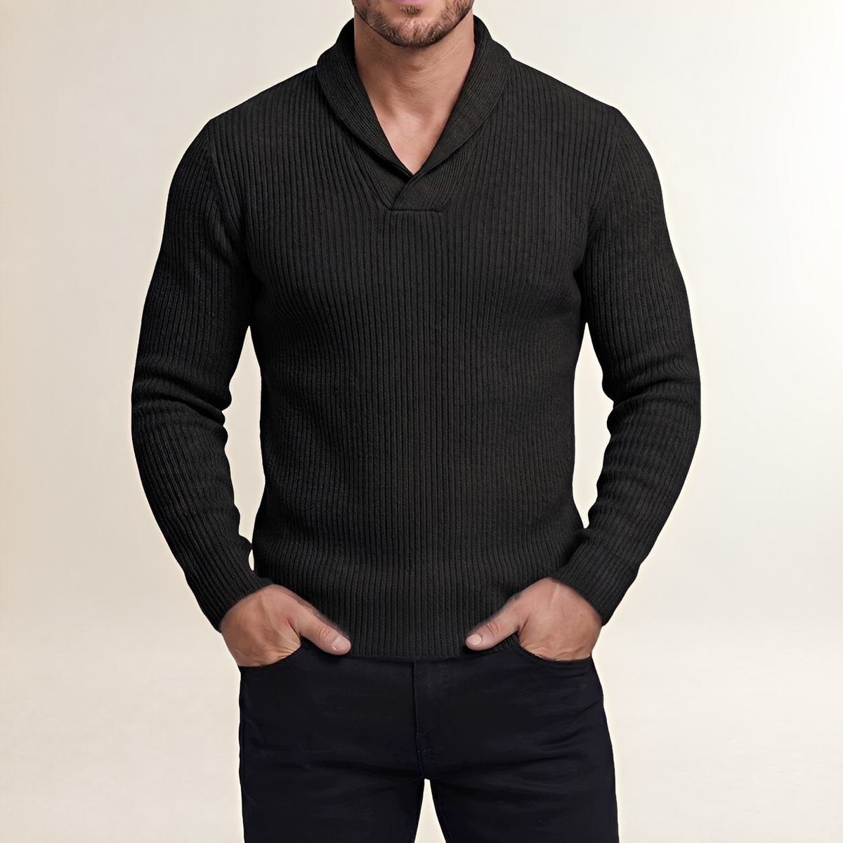 Suéter para hombre - Cuello shawl con diseño acanalado y mangas largas