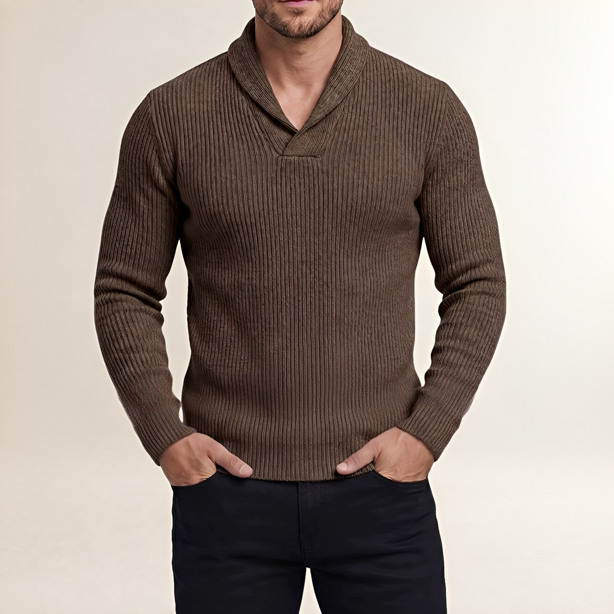 Suéter para hombre - Cuello shawl con diseño acanalado y mangas largas