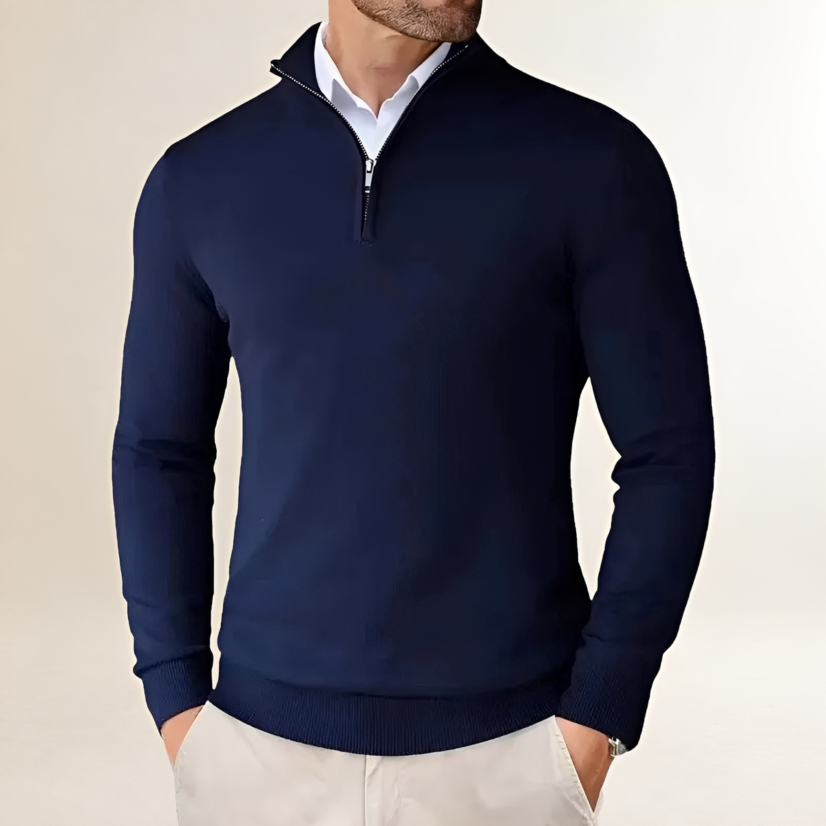 Suéter para hombre de medio-zip con ajuste clásico y puños acanalados