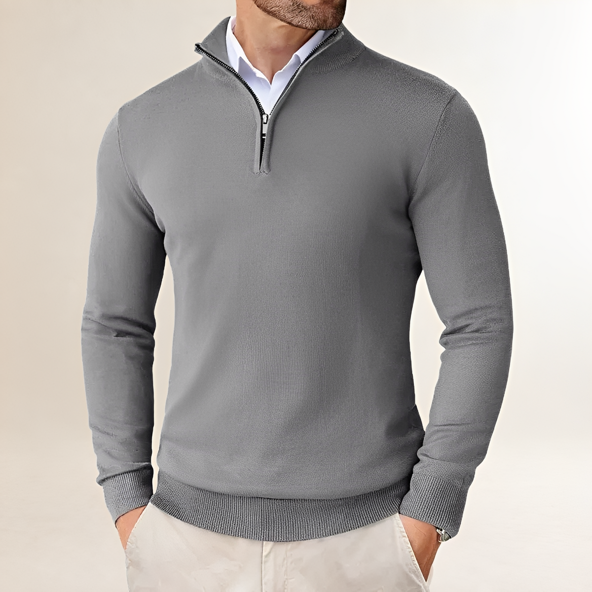 Suéter para hombre de medio-zip con ajuste clásico y puños acanalados
