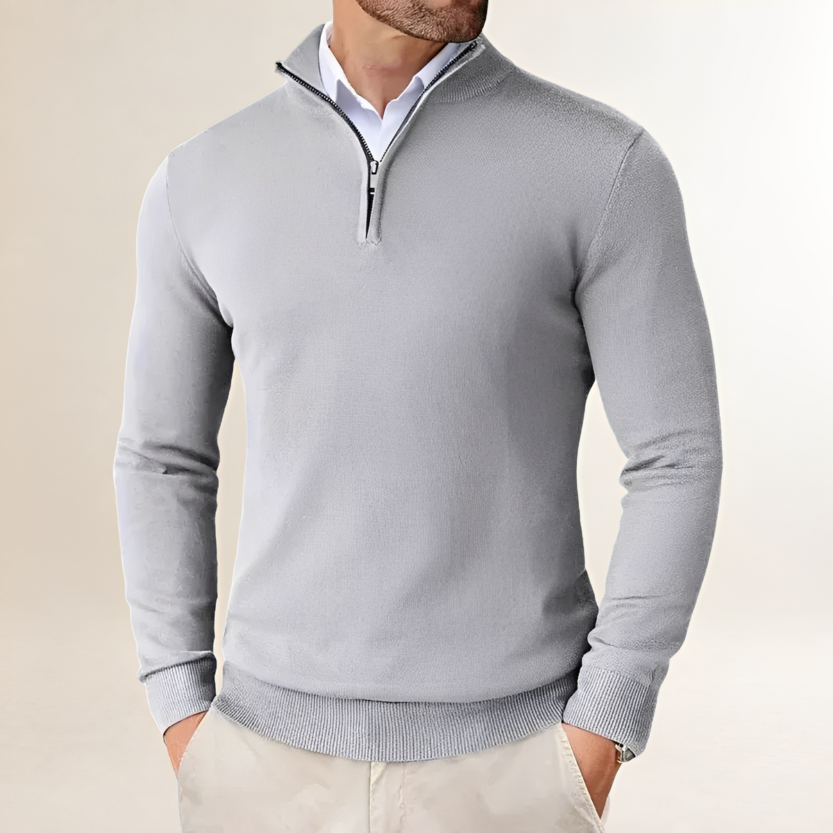 Suéter para hombre de medio-zip con ajuste clásico y puños acanalados