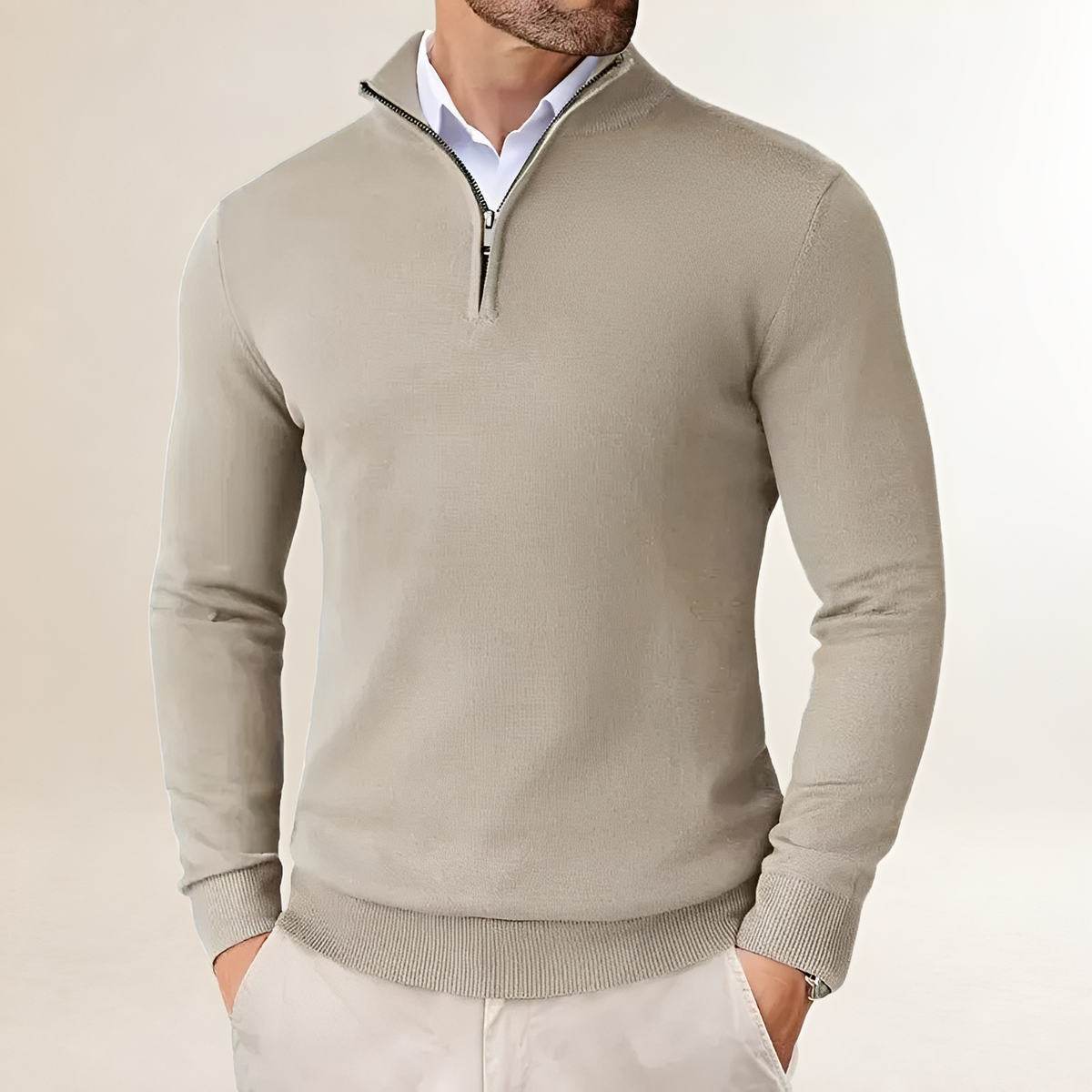 Suéter para hombre de medio-zip con ajuste clásico y puños acanalados