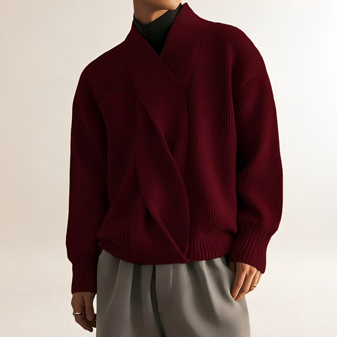 Suéter para hombre - Diseño envolvente con textura acanalada y mangas largas